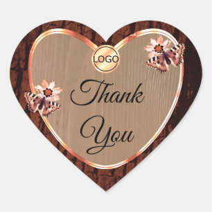 Wood Grain Tree Bark and Butterfies Thank You Logo Heart Sticker