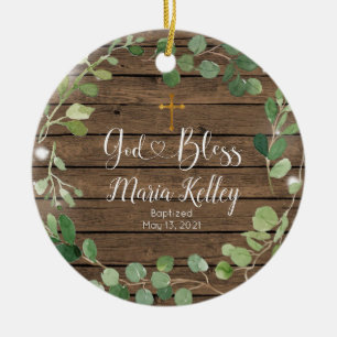 Wood Greenery Personalized Boy Or Girl Baptism Ceramic Ornament