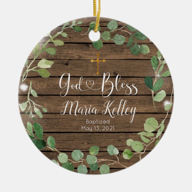 Wood Greenery Personalized Boy Or Girl Baptism Ceramic Ornament (Front)