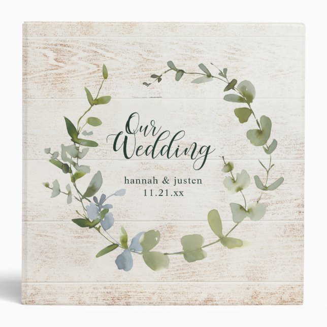 Wood Greenery Wreath Script Wedding Planner Binder (Front)