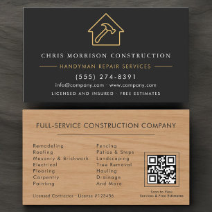 Wood Handyman Construction Black Gold QR Code Business Card