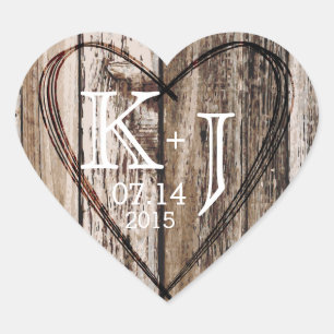 Wood Heart Etching Rustic Monogram Wedding Label