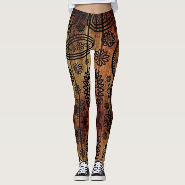 Wood Henna Tattoo - Power Yoga Leggings (Front)