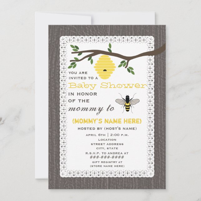 Wood Inspired Honey Bee Themed Baby Shower Invitation (Front)