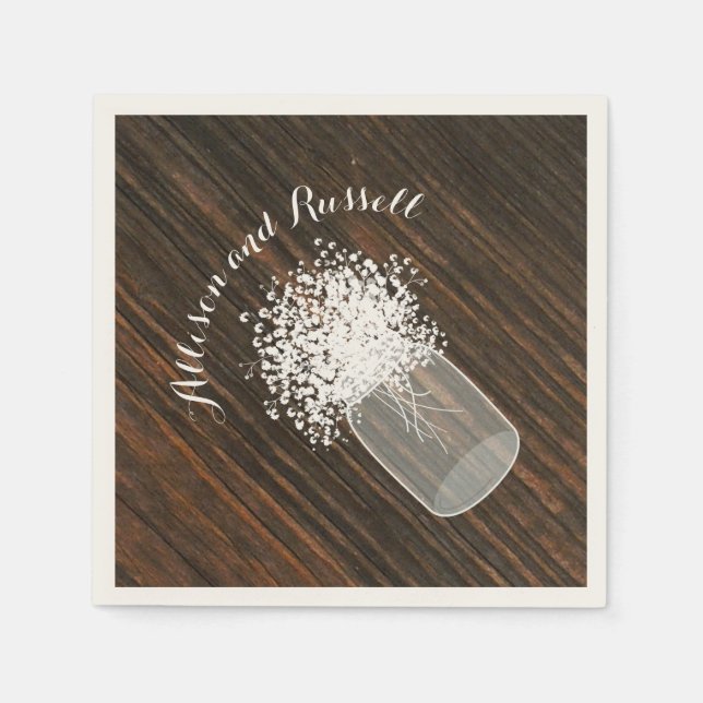 Wood Inspired Mason Jar of Baby's Breath Wedding Napkin (Front)