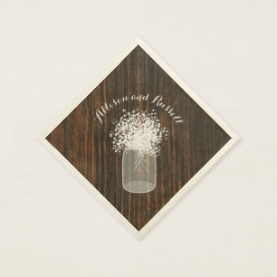 Wood Inspired Mason Jar of Baby's Breath Wedding Napkin