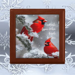 Wood Jewellery Box Cardinals Appear Angels Near<br><div class="desc">Inspirational wooden jewellery or keepsake box, saying, Cardinals Appear When Angels Are Near, with two red cardinal in a snowy background. After my mom was promoted to everlasting life, the three daughters kept seeing cardinals! We all said it was mom visiting us! One sister bought us all a beautiful cardinal...</div>