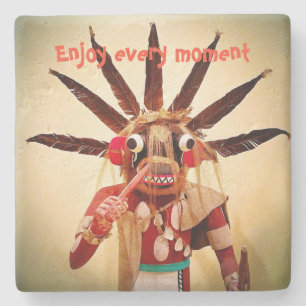 Wood Kachina Doll Funny Face Enjoy Every Moment Stone Coaster
