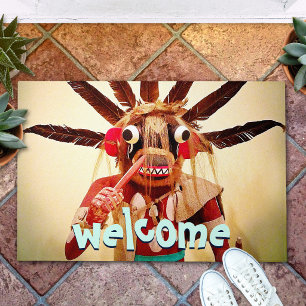 Wood Kachina Doll Funny Face Welcome Typography Doormat