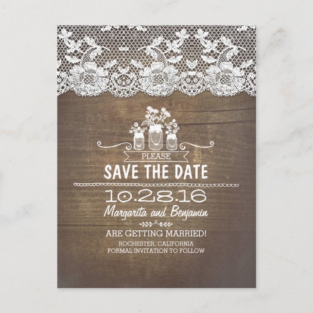 wood lace and mason jars rustic save the date announcement postcard (Front)