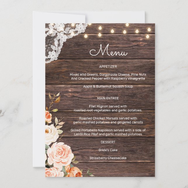 Wood Lace Blush & Peach Floral Menu 2 Invitation (Front)