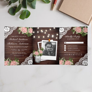 Wood Lace Dusty Pink Rose String Lights Wedding Tri-Fold Invitation