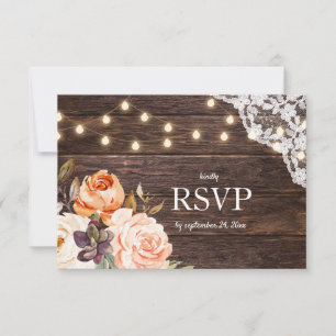 Wood Lace, Lights, Blush & Peach Floral no Meal RSVP Card