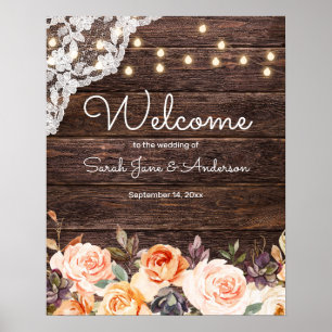 Wood Lace, Lights, Blush & Peach Floral Welcome Poster