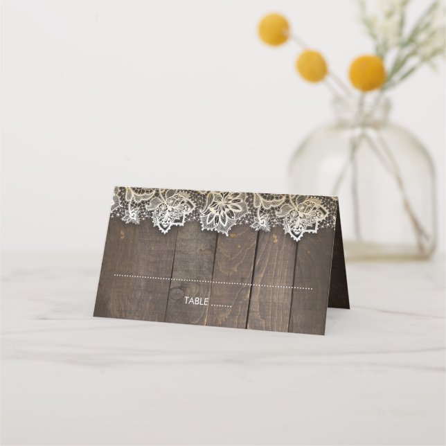 Wood Lace Mason Jar Lights Rustic Place Card (Front)