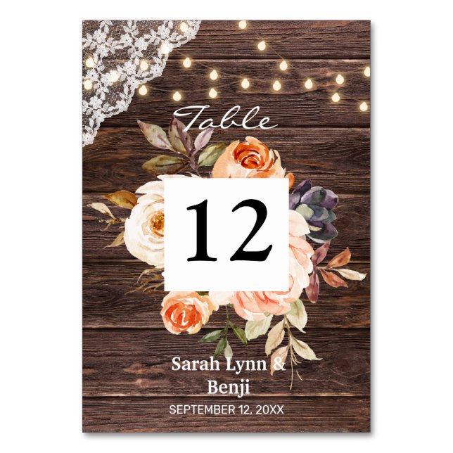Wood Lace, String Lights, Blush & Peach Floral 2 Table Number (Front)