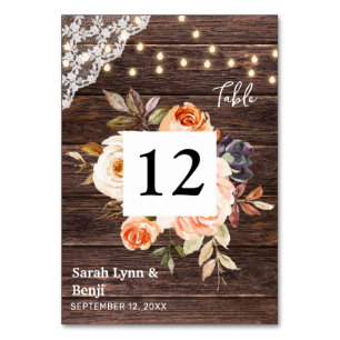 Wood Lace, String Lights, Blush & Peach Floral 3 Table Number