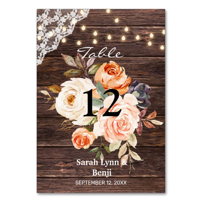 Wood Lace, String Lights, Blush & Peach Floral Table Number (Front)