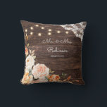 Wood Lace, String Lights, Blush & Peach Floral Throw Pillow<br><div class="desc">Make your wedding memories part of your home decor with this floral blush pink & peach,  wood,  lace,  and string lights wedding monogram custom throw pillow.</div>