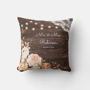 Wood Lace, String Lights, Blush & Peach Floral Throw Pillow
