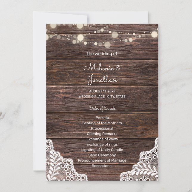 Wood, Lace String Lights Wedding Ceremony Program (Front)