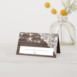 Wood, Lace & String Lights Wedding Place Card