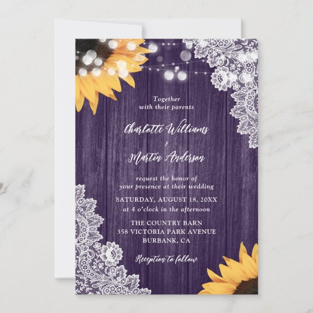 Wood Lace Sunflower Purple Wedding Invitations (Front)