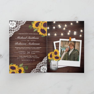 Wood Lace Sunflower String Lights QR Code Wedding Invitation
