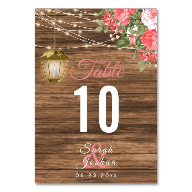 Wood, Lantern and Coral Flower | Table Cards (Front)