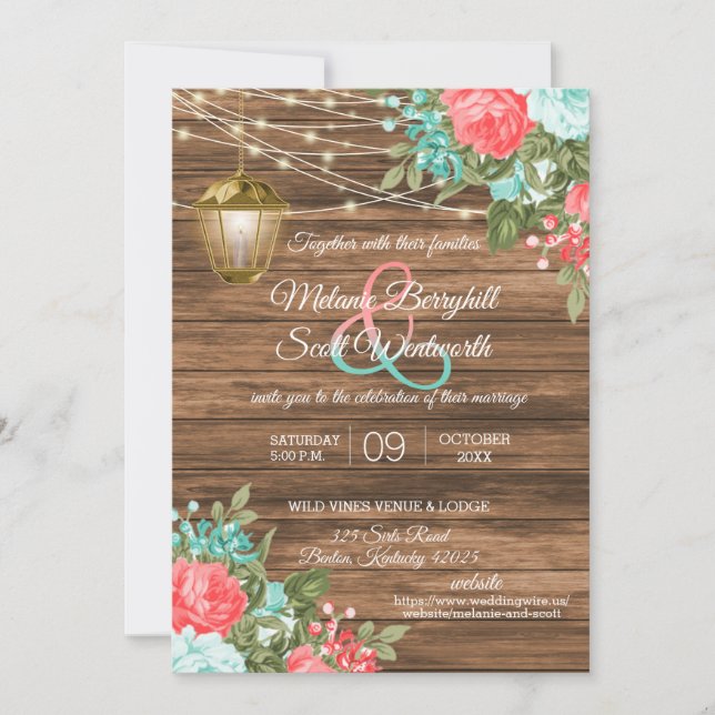 Wood, Lantern and Teal, Coral Flower Wedding  Invi Invitation (Front)