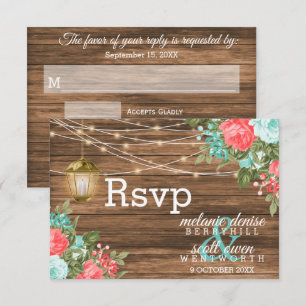 Wood, Lantern and Teal, Coral Flowers RSVP Card