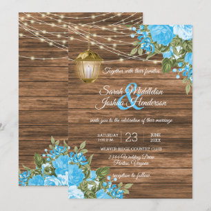 Wood, Lanterns and Baby Blue Flower Wedding Invitation