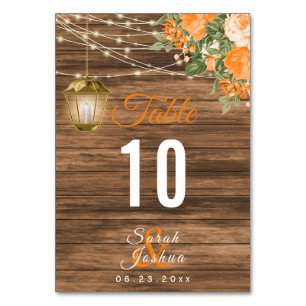 Wood, Lanterns and Orange Flower Table Cards