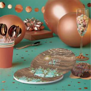 Wood, Lanterns and Teal Flower Paper Plate