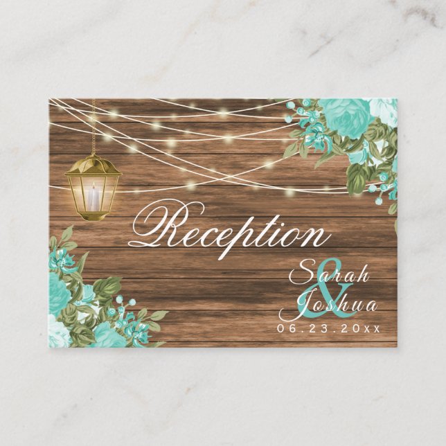 Wood, Lanterns and Teal Flower - Reception Enclosure Card (Front)