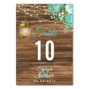 Wood, Lanterns and Teal Flower Table Cards