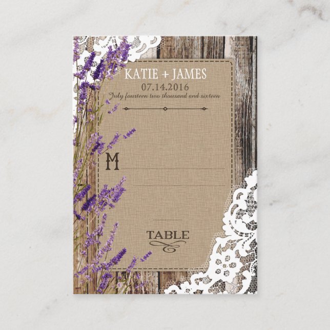 Wood Lavender and Lace Rustic Wedding Place Cards (Front)