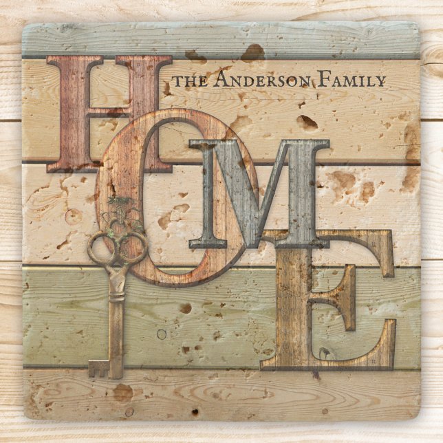 Wood Letters Home Key Coasters (Coasters featuring a modern wood design with the letters HOME and a key)