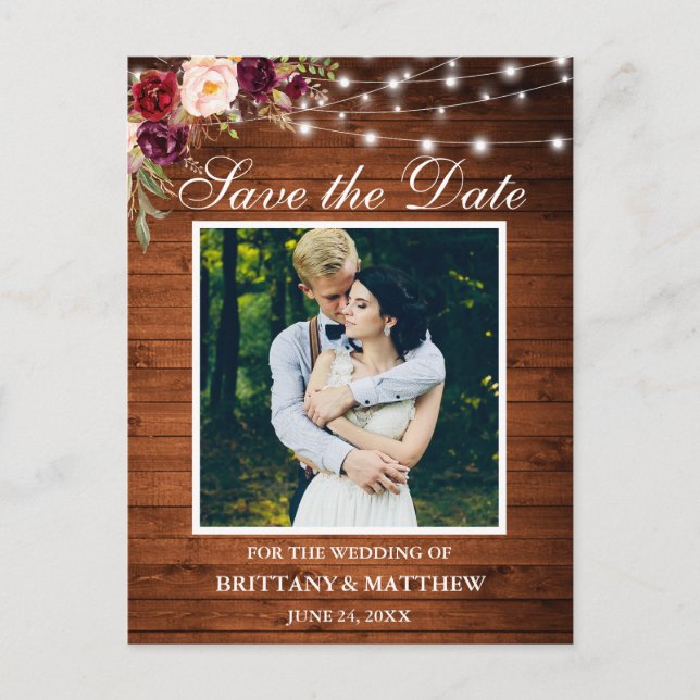 Wood Lights Burgundy Floral Photo Save the Date Postcard (Front)