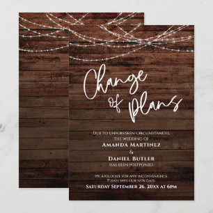 Wood Lights Change of Plans Postponed Wedding Card