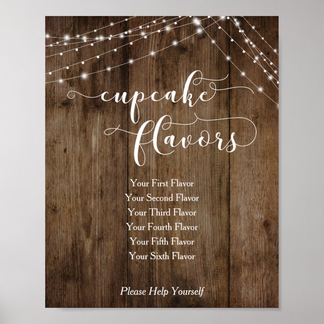 Wood & Lights Cupcake Flavours Reception Sign (Front)
