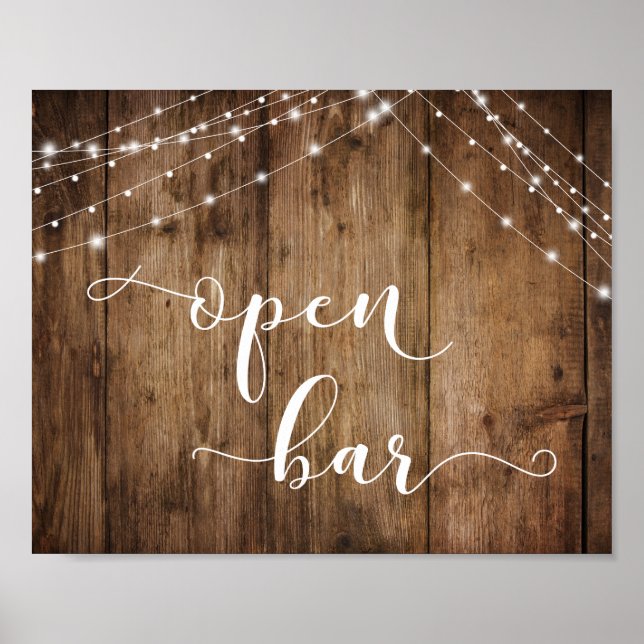 Wood & Lights Open Bar Reception Sign (Front)