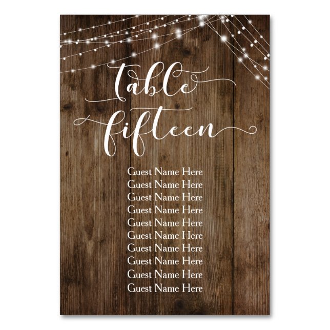 Wood & Lights Table Fifteen with Guest Names Card (Front)