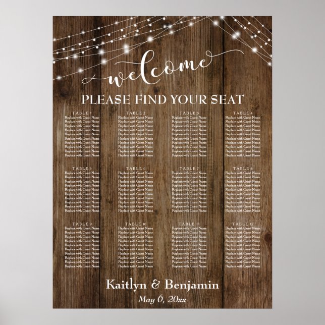 Wood & Lights Welcome Typography Seating Chart (Front)