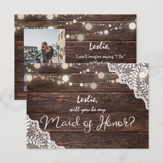 Wood Lights Will You Be My Maid of Honour? Photo Invitation (Front/Back)