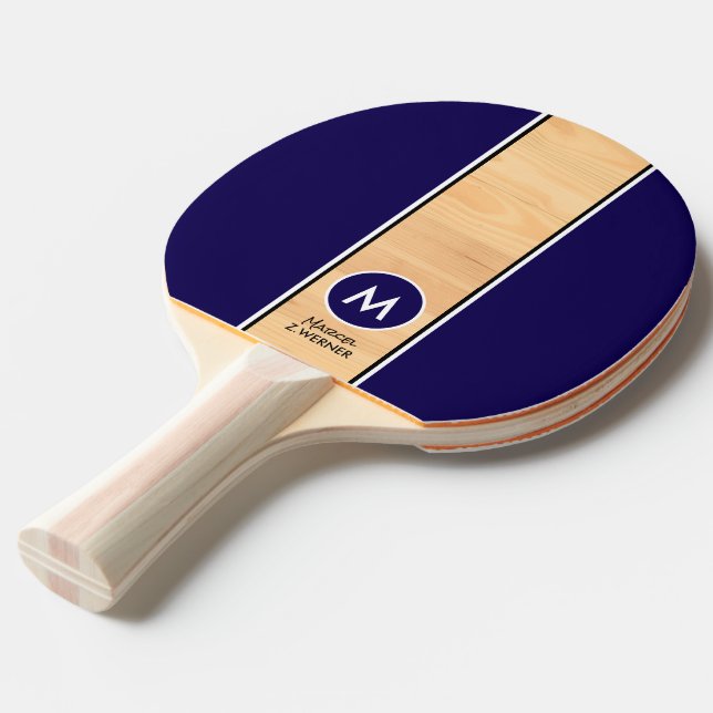Wood-like Stripe Monogrammed Dark-Blue Ping Pong Paddle (Front Angle)