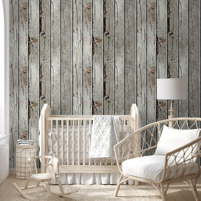 Wood limewash country western white rustic chic wallpaper (Kids)