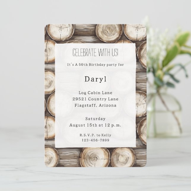 Wood Log Cabin 50th Birthday Invitation (Standing Front)