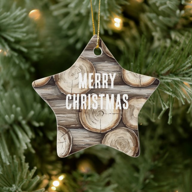 Wood Log Cabin Christmas Ceramic Ornament (Tree)
