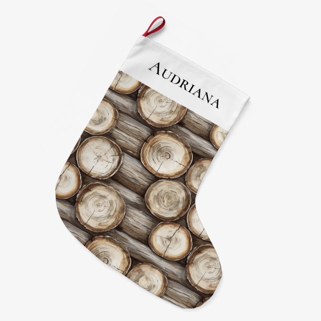 Wood Log Cabin Christmas Large Christmas Stocking (Front (Hanging))